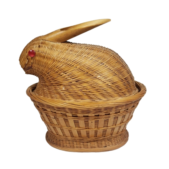 VTG Wicker Bamboo Bunny Rabbit Lidded Basket 10" Red Beady Eyes Easter Decor - Picture 4 of 8